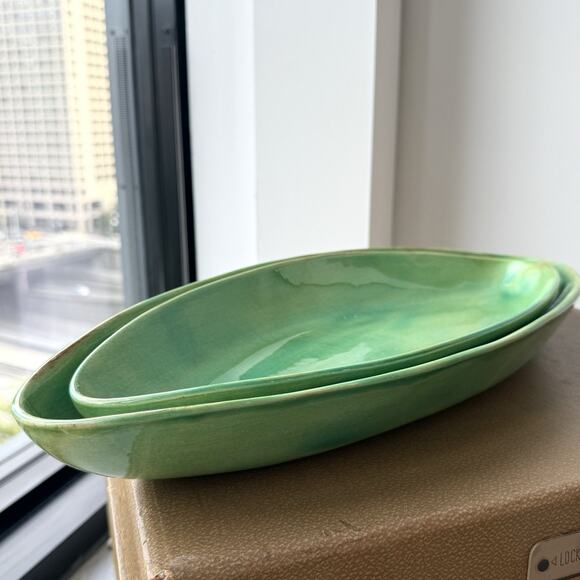 Aletha Soule Studio Earthenware Pottery Server Platter Tray Set of 2 Kiwi Green - Picture 5 of 13